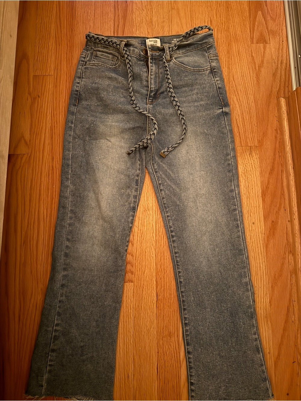 Kensie high rise ankle flare jean Flare Jeans with Braided Waist Tie